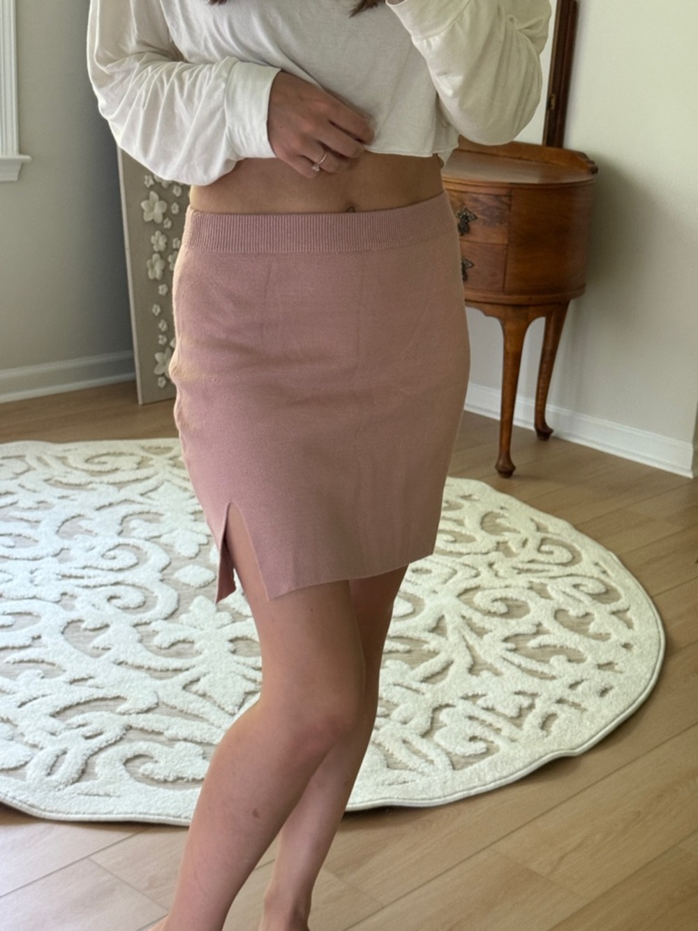 Women's Blush Pink Knit Mini Skirt Fitted Sweater